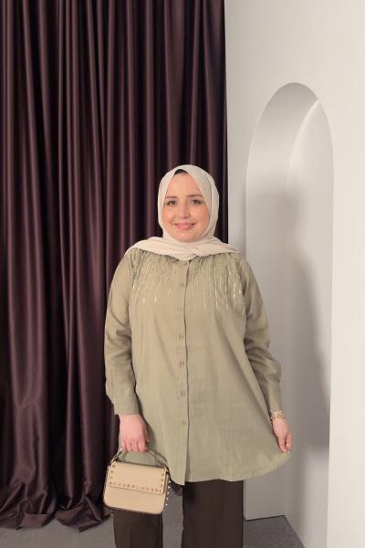 Taş İşlemeli Gömlek Haki