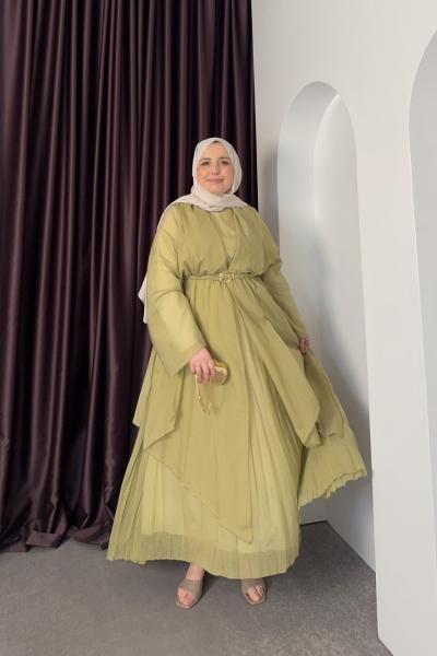 Asimetrik Tül Elbise Yağ Yeşili