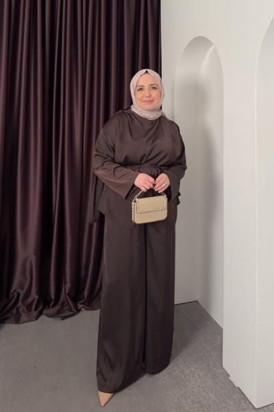 Saten İkili Takım Kahverengi