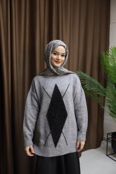 BAKLAVA DESEN SİMLİ KAZAK Gri