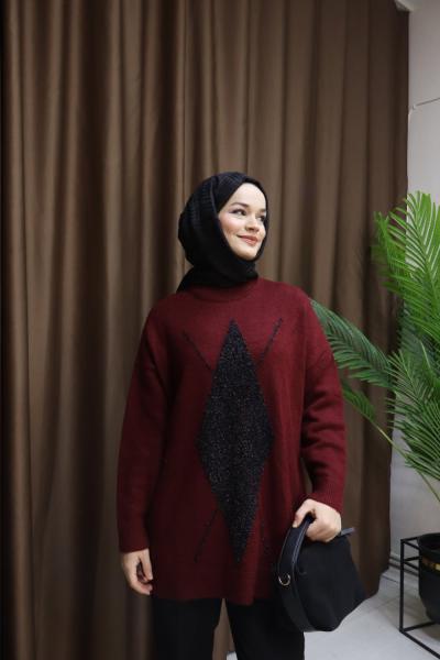 BAKLAVA DESEN SİMLİ KAZAK Bordo