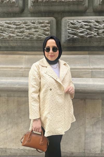 Kapitone Seyyar Kuşaklı Ceket Bej