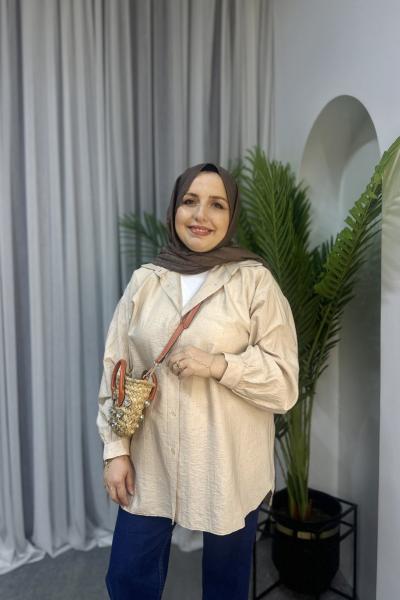 Işıltılı Oversize Gömlek Bej