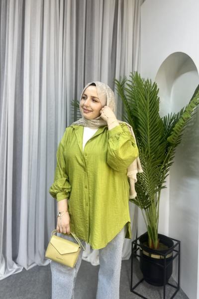 Işıltılı Gömlek Oversıze Yağ Yeşili