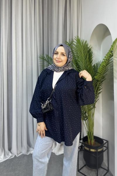 Işıltılı Gömlek Oversıze Lacivert