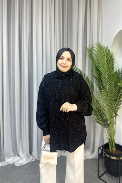 Işıltılı Gömlek Oversize Siyah