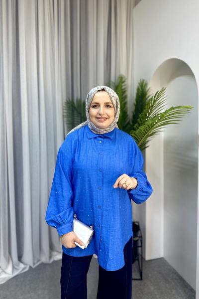 Işıltılı Gömlek Oversize Saks Mavisi