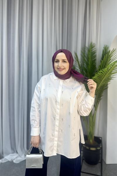 Minimal Işıltı Oversize Gömlek Beyaz