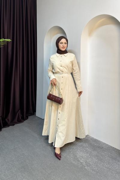 MİA KETEN ELBİSE Krem