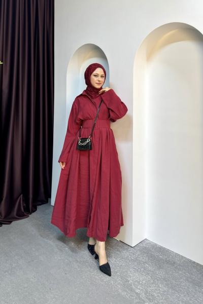 TENSEL KEMERLİ ELBİSE Vişne