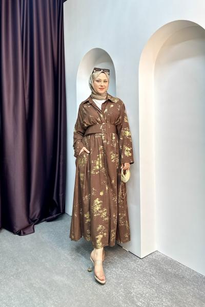 GOLD DETAY SİYAH KEMERLİ ELBİSE Kahverengi