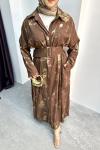 GOLD DETAY SİYAH KEMERLİ ELBİSE Kahverengi