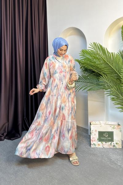 ÇİÇEKLİ VİSKON ELBİSE Mavi