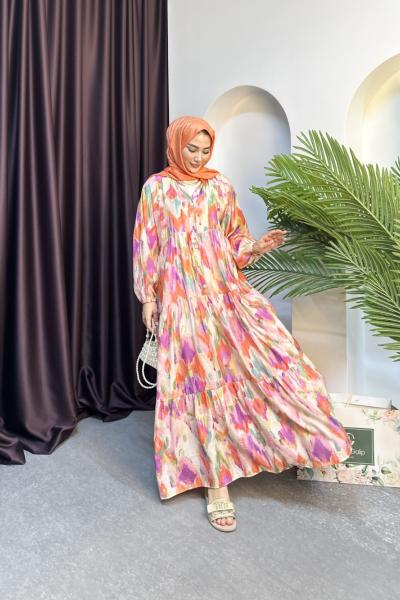 ÇİÇEKLİ VİSKON ELBİSE Turuncu