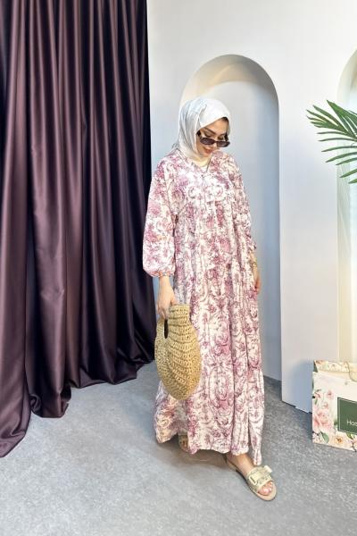 ÇİÇEKLİ VİSKON ELBİSE Bordo