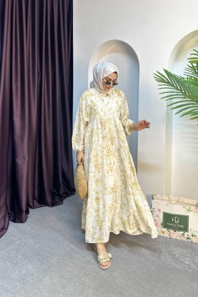 ÇİÇEKLİ VİSKON ELBİSE Sarı