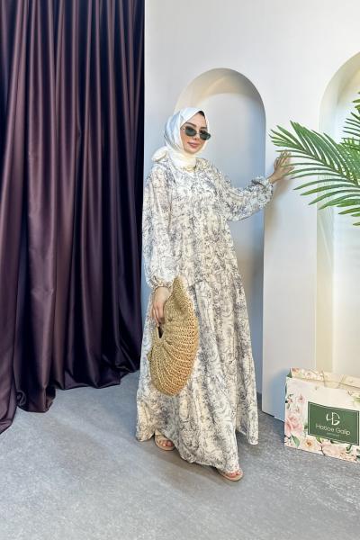 ÇİÇEKLİ VİSKON ELBİSE Antrasit