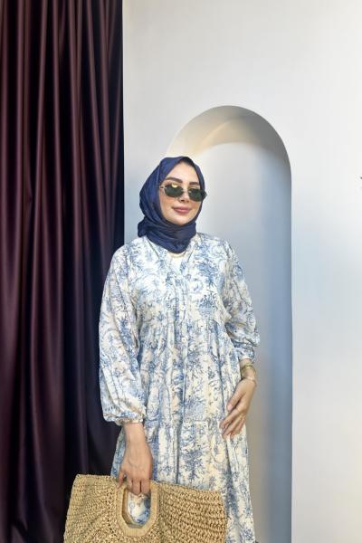 ÇİÇEKLİ VİSKON ELBİSE Mavi