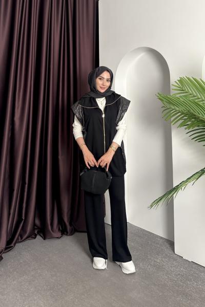 GOLD DETAY YELEKLİ TAKIM  Siyah