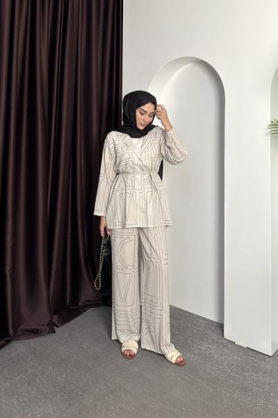 ÇİZGİ DESEN TAKIM Krem