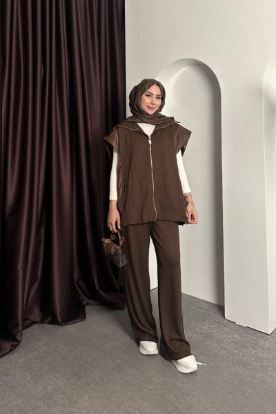 GOLD DETAY YELEKLİ TAKIM Kahverengi
