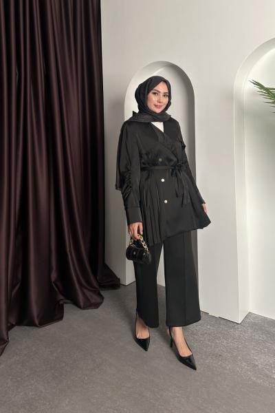 BÜZGÜ PİLİSE DETAY CEKET Siyah