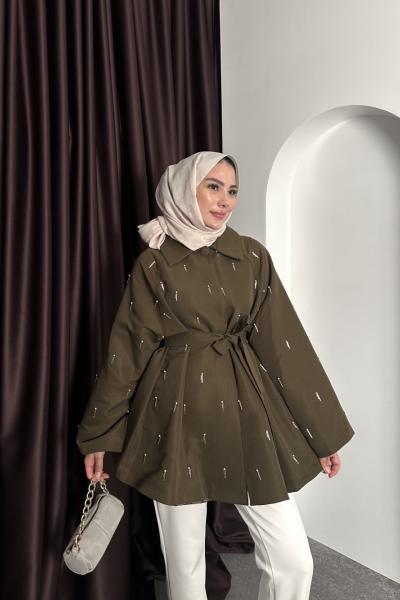 NAKIŞ DETAYLI KEMERLİ CEKET Haki