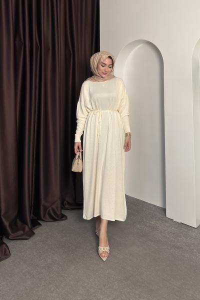 TAŞLI TRİKO ELBİSE Krem