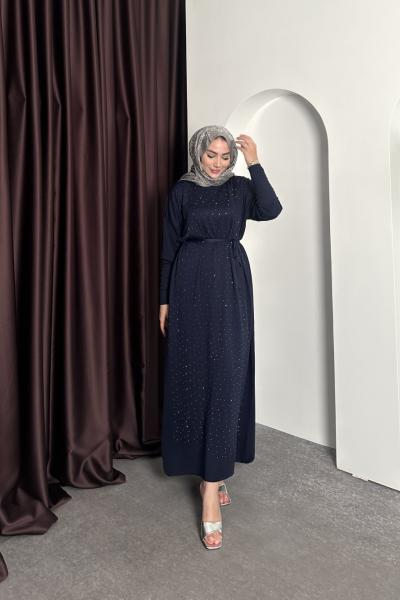 TAŞLI TRİKO ELBİSE Lacivert