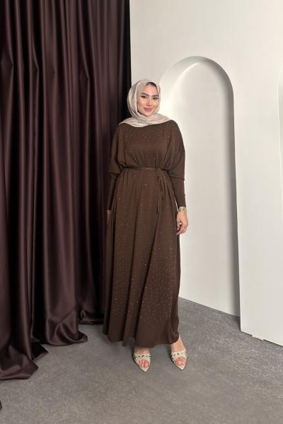 TAŞLI TRİKO ELBİSE Kahverengi