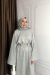 BEL AKSESUARLI BAĞLAMALI ELBİSE Gri