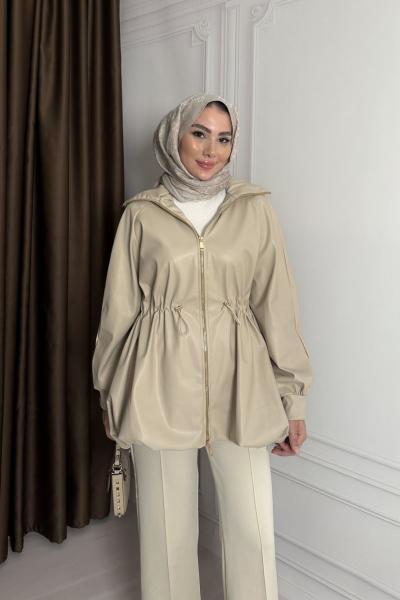 BÜZGÜ GOLD DETAY DERİ CEKET Krem