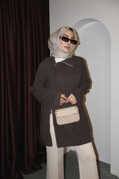 ÇİFT FERMUAR TRİKO KAZAK Kahverengi