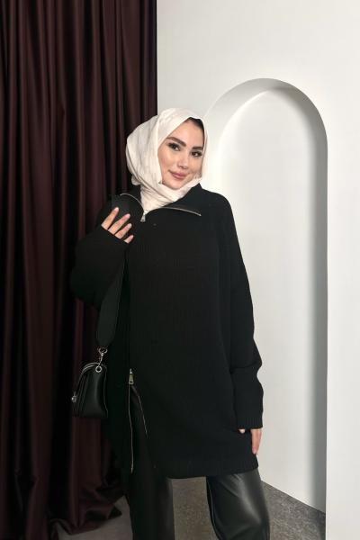 ÇİFT FERMUAR TRİKO KAZAK Siyah