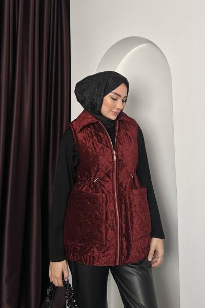 KAPİTONE KADİFE YELEK Bordo