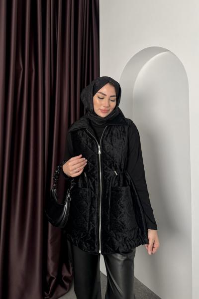 KAPİTONE KADİFE YELEK Siyah