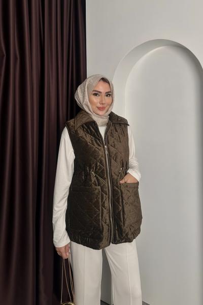 KAPİTONE KADİFE YELEK Kahverengi