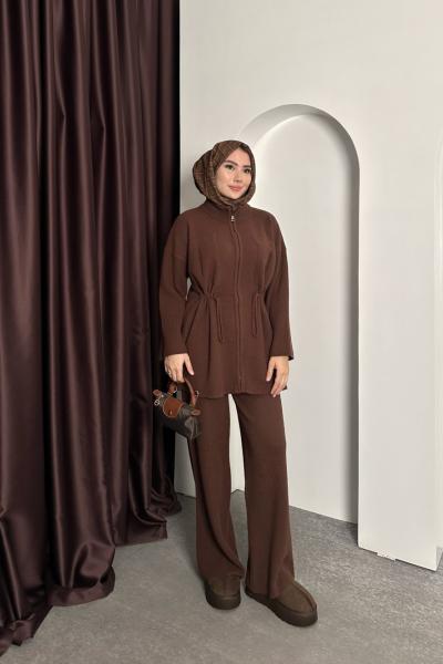 Premium Fitilli Angora Takım Kahverengi