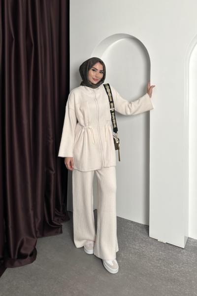 Premium Fitilli Angora Takım Ekru