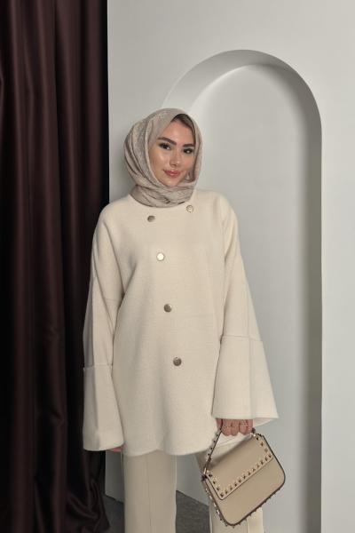 Gold Düğmeli Angora Hırka  Ekru