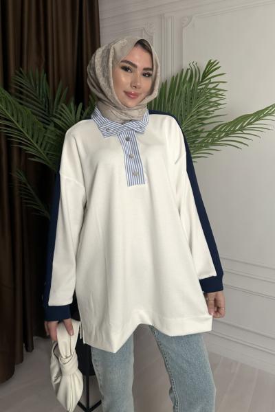 Gömlek Yaka Sweatshirt  Beyaz