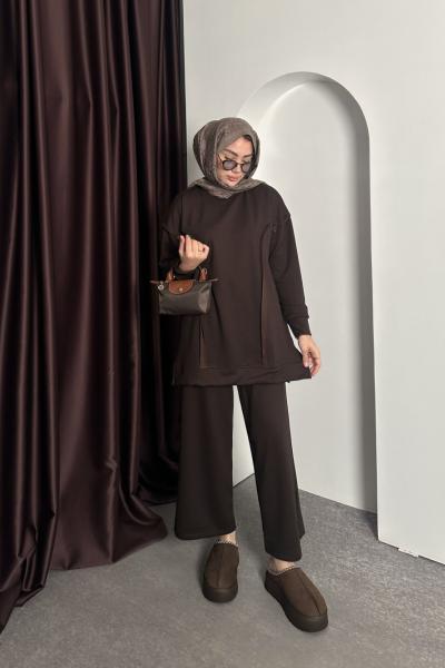 Line Detay Takım Ekose Kahve