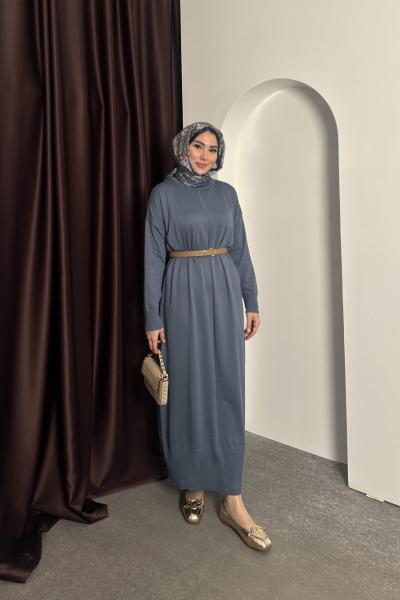 Merserize Triko Elbise Mavi