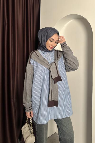 Oxford Mix Gömlek Çizgili Mavi