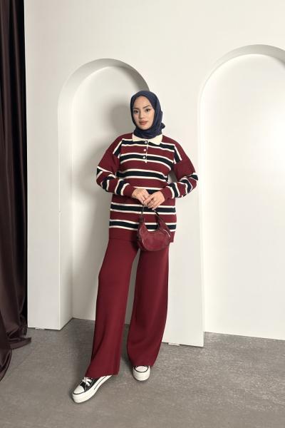 Çizgili Polo Yaka Takım Bordo