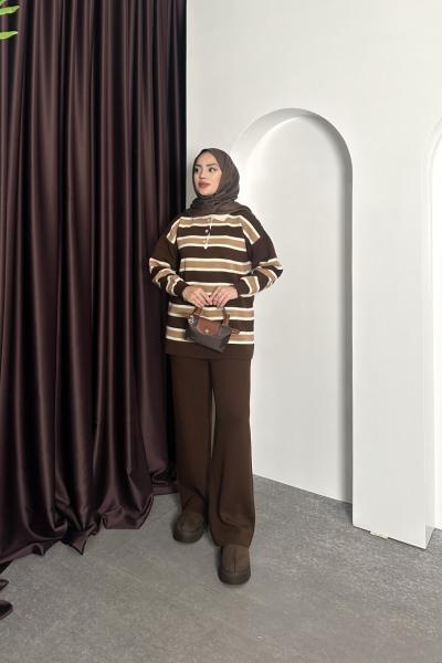 Çizgili Polo Yaka Takım  Kahverengi