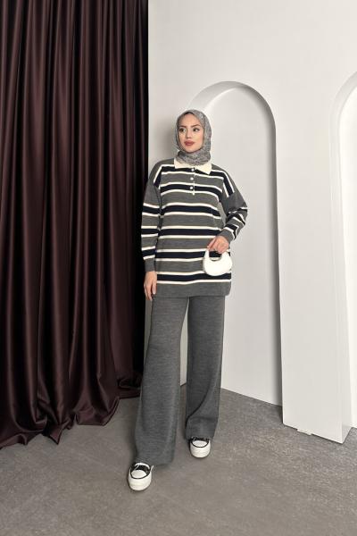 Çizgili Polo Yaka Takım  Gri