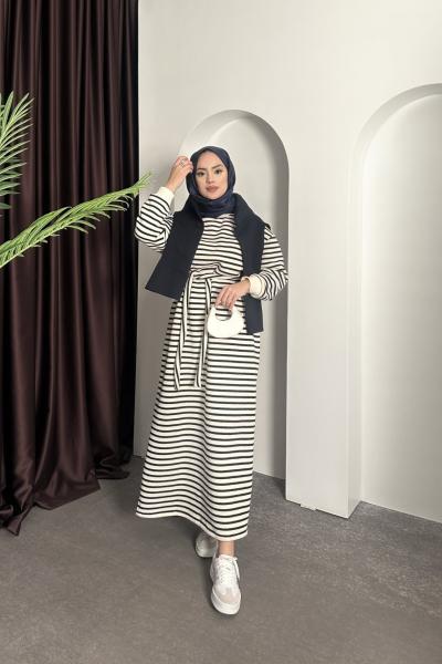 Şardonlu Çizgili Elbise  Lacivert