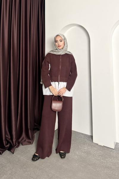 Gömlek Detay Triko Takım  Bordo