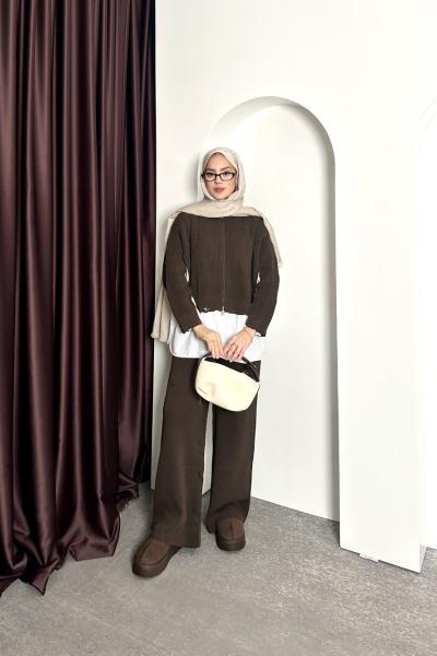 Gömlek Detay Triko Takım Kahverengi